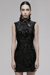 Black Sleeveless Dragon Totem Pattern Print Women's Gothic Dress